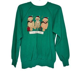 Valerie Sockwell Folk Art Christmas Green Shirt Womens Large Bears 90s Vintage